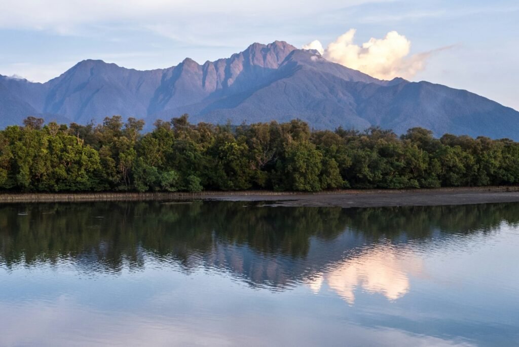 Berglandschap met mangroves en reflectie in het water op Romblon in de Filipijnen