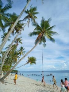 Strand op Siquijor met palmbomen en schommel aan zee